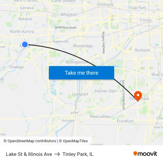 Lake St & Illinois Ave to Tinley Park, IL map