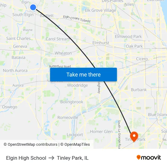 Elgin High School to Tinley Park, IL map