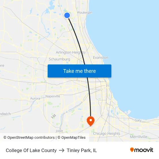 College Of Lake County to Tinley Park, IL map