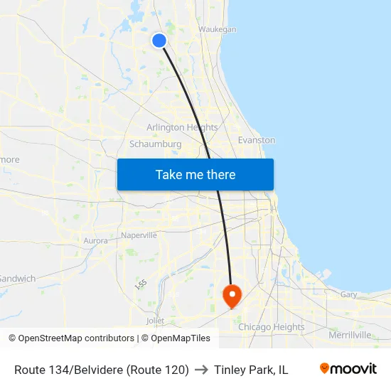 Route 134/Belvidere (Route 120) to Tinley Park, IL map