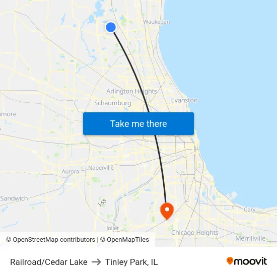 Railroad/Cedar Lake to Tinley Park, IL map