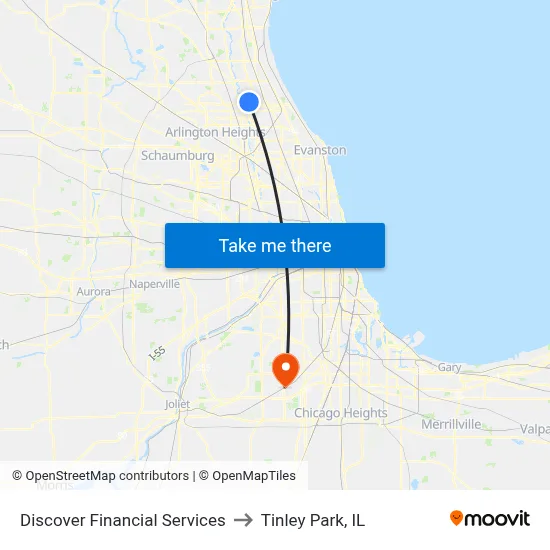 Discover Financial Services to Tinley Park, IL map