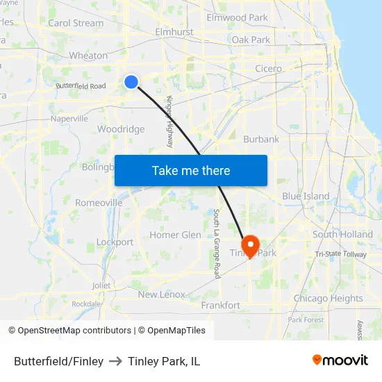 Butterfield/Finley to Tinley Park, IL map