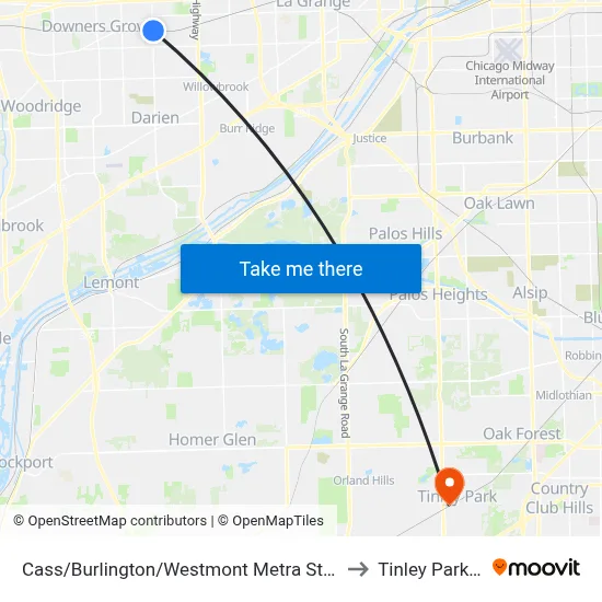 Cass/Burlington/Westmont Metra Station to Tinley Park, IL map