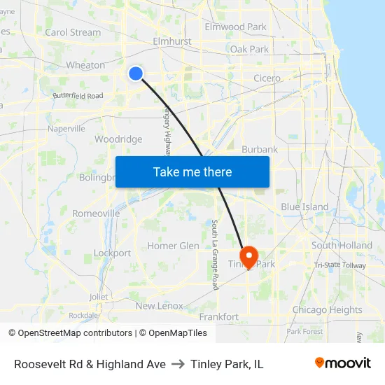 Roosevelt Rd & Highland Ave to Tinley Park, IL map