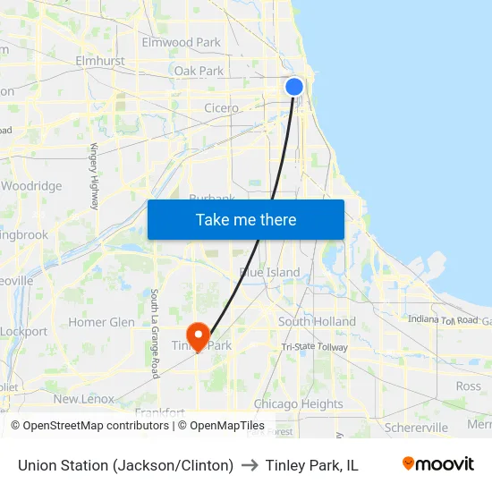 Union Station (Jackson/Clinton) to Tinley Park, IL map