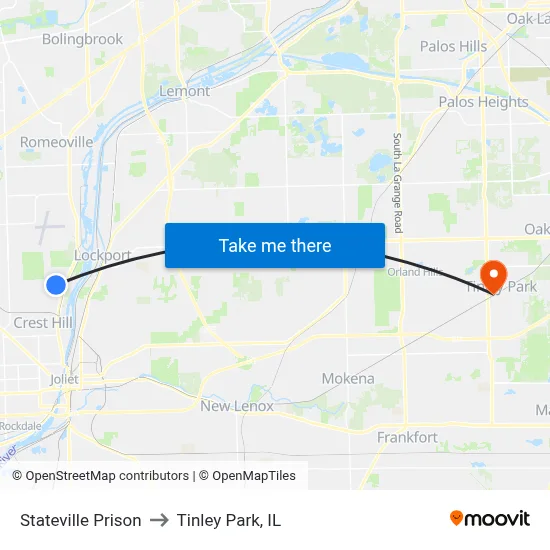 Stateville Prison to Tinley Park, IL map