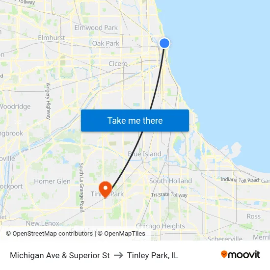 Michigan Ave & Superior St to Tinley Park, IL map