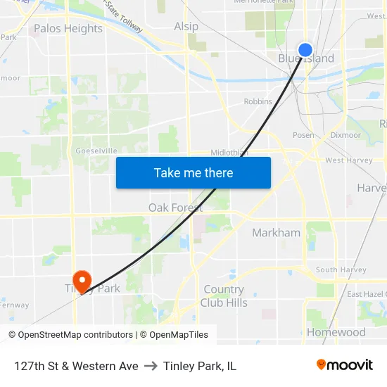 127th St & Western Ave to Tinley Park, IL map