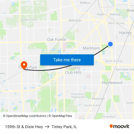 159th St & Dixie Hwy to Tinley Park, IL map