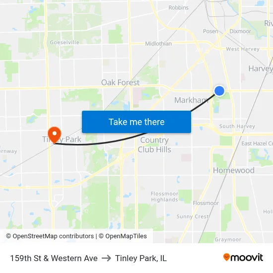 159th St & Western Ave to Tinley Park, IL map