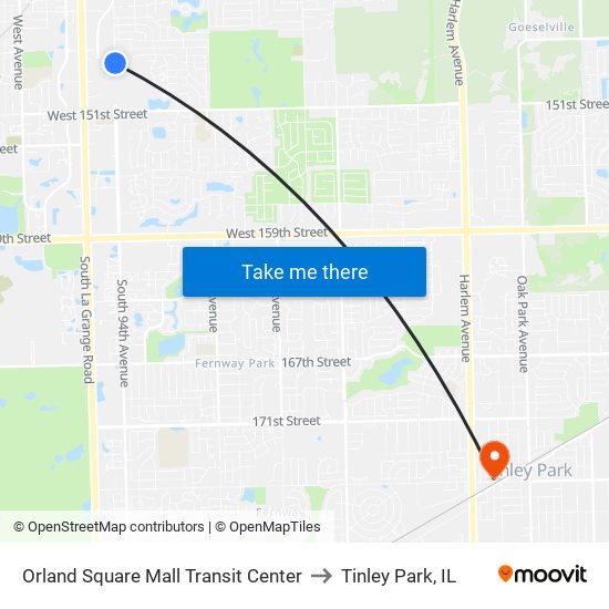 Orland Square Mall Transit Center to Tinley Park, IL map