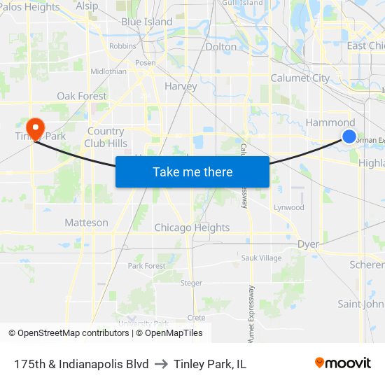 175th & Indianapolis Blvd to Tinley Park, IL map