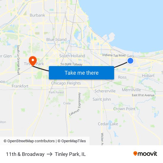 11th & Broadway to Tinley Park, IL map