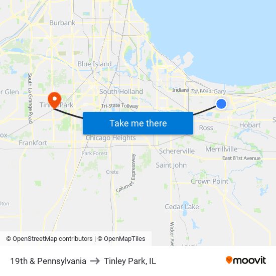 19th & Pennsylvania to Tinley Park, IL map