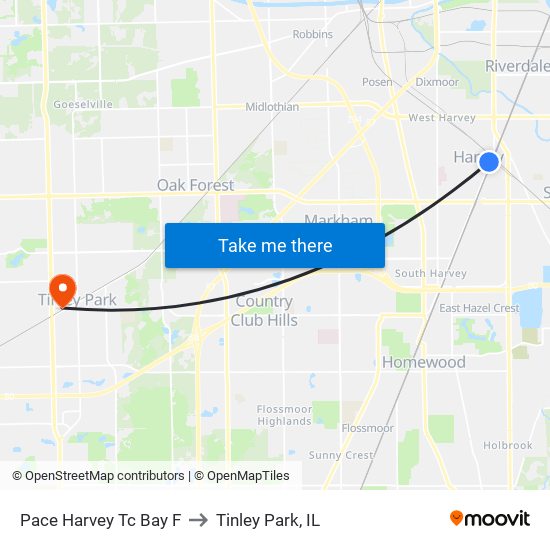 Pace Harvey Tc Bay F to Tinley Park, IL map