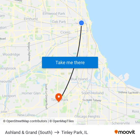 Ashland & Grand (South) to Tinley Park, IL map