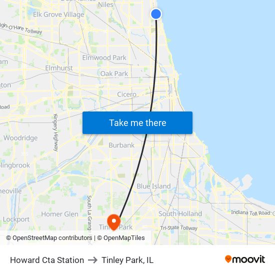 Howard Cta Station to Tinley Park, IL map