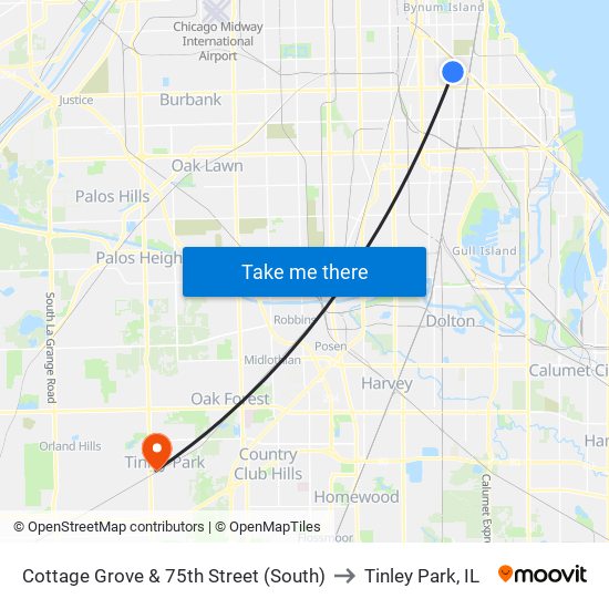 Cottage Grove & 75th Street (South) to Tinley Park, IL map