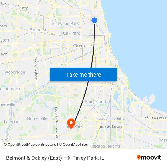 Belmont & Oakley (East) to Tinley Park, IL map