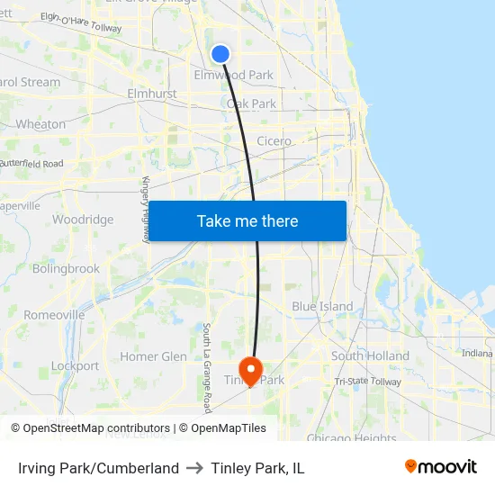 Irving Park/Cumberland to Tinley Park, IL map