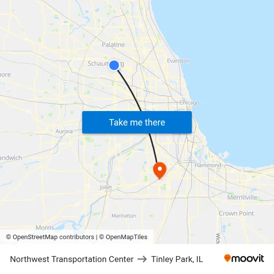 Northwest Transportation Center to Tinley Park, IL map