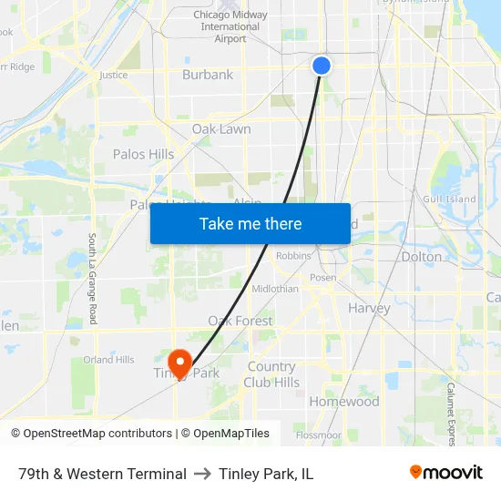 79th & Western Terminal to Tinley Park, IL map