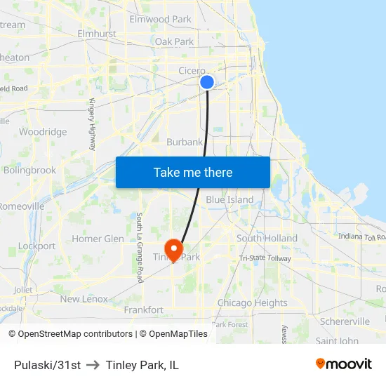 Pulaski/31st to Tinley Park, IL map