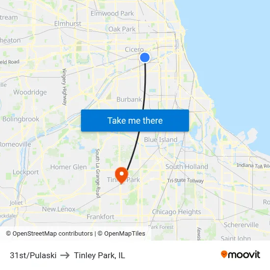 31st/Pulaski to Tinley Park, IL map