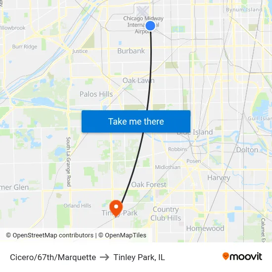 Cicero/67th/Marquette to Tinley Park, IL map