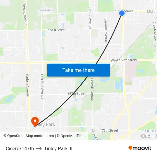 Cicero/147th to Tinley Park, IL map