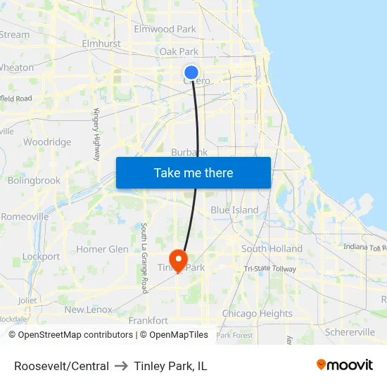 Roosevelt/Central to Tinley Park, IL map