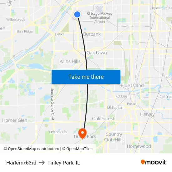 Harlem/63rd to Tinley Park, IL map