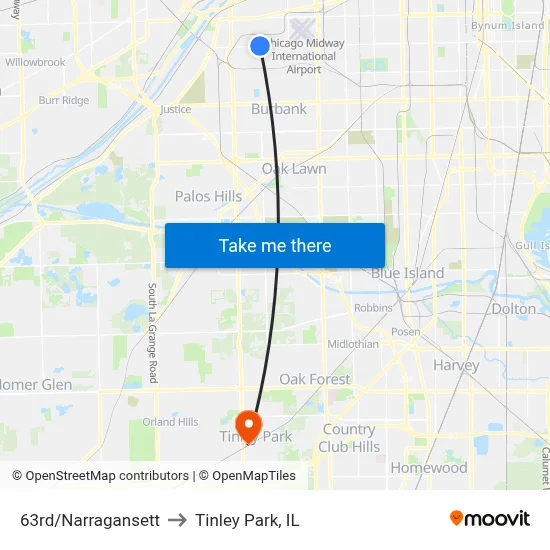 63rd/Narragansett to Tinley Park, IL map