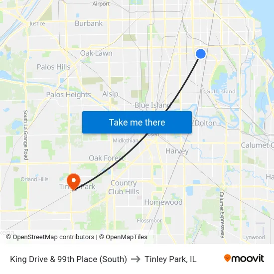 King Drive & 99th Place (South) to Tinley Park, IL map