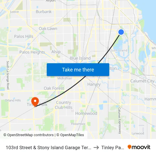 103rd Street & Stony Island Garage Terminal (Nw) to Tinley Park, IL map