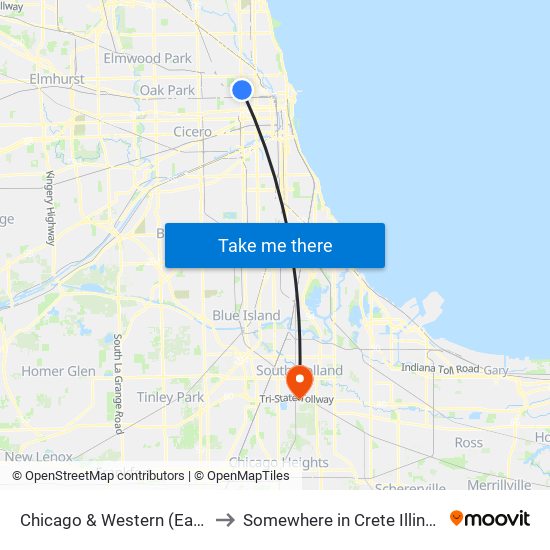 Chicago & Western (East) to Somewhere in Crete Illinois map