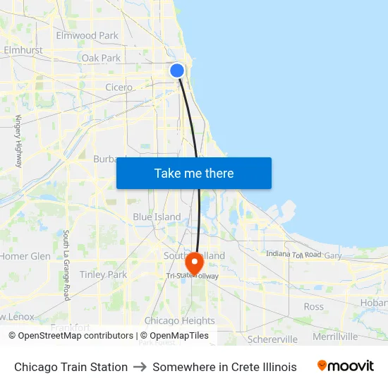 Chicago Train Station to Somewhere in Crete Illinois map