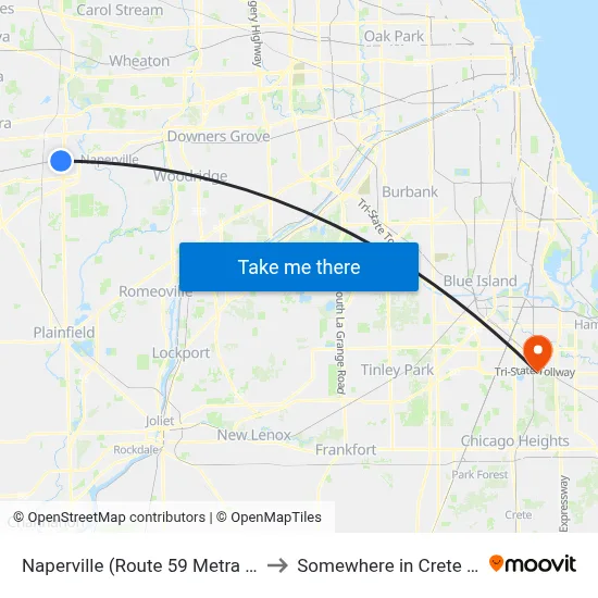 Naperville (Route 59 Metra Station) to Somewhere in Crete Illinois map