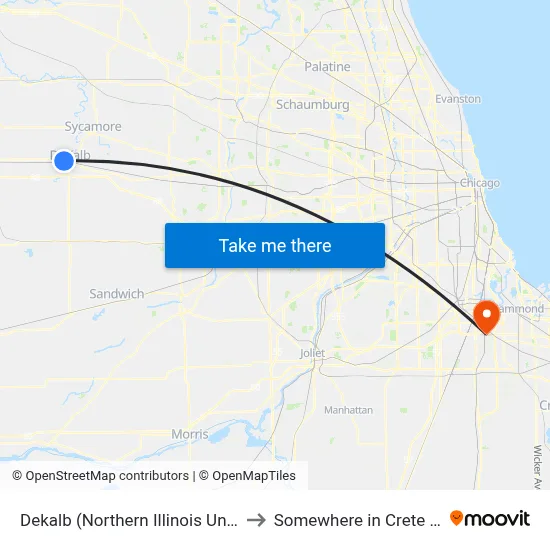 Dekalb (Northern Illinois University) to Somewhere in Crete Illinois map
