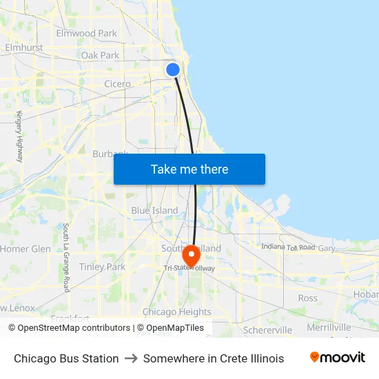 Chicago Bus Station to Somewhere in Crete Illinois map