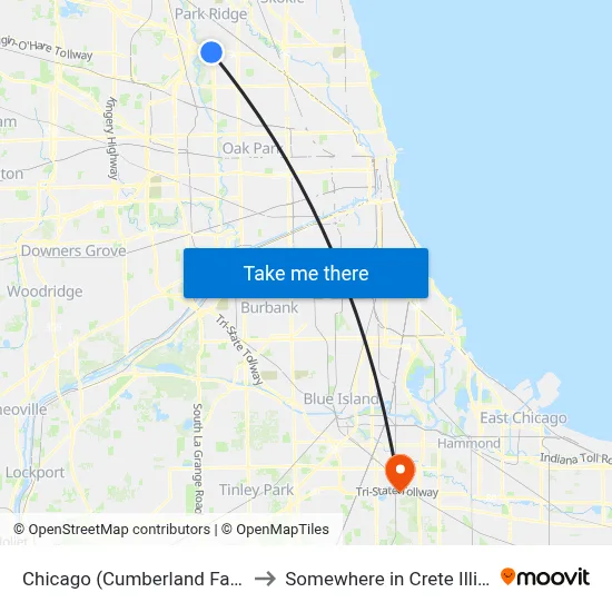 Chicago (Cumberland Farms) to Somewhere in Crete Illinois map