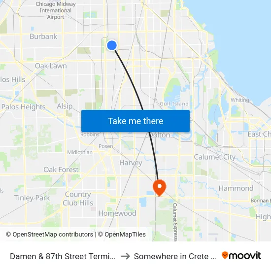 Damen & 87th Street Terminal (Se) to Somewhere in Crete Illinois map