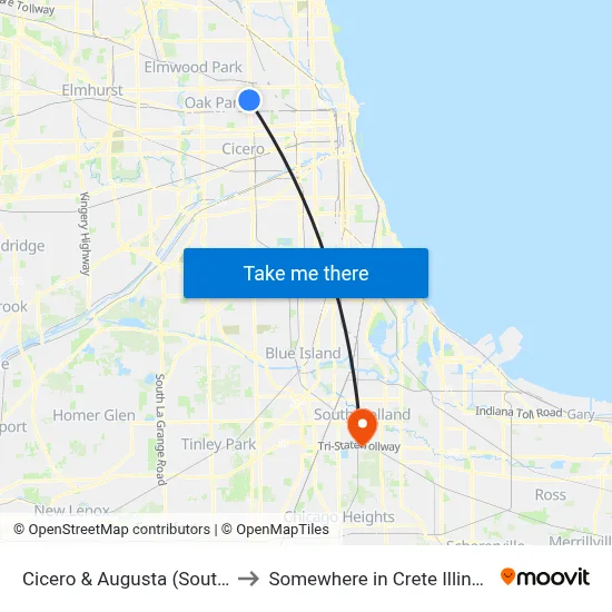 Cicero & Augusta (South) to Somewhere in Crete Illinois map
