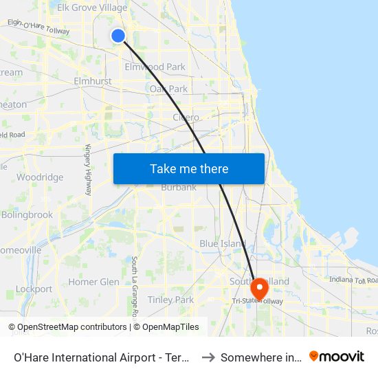 O'Hare International Airport - Terminal 5 Arrivals/Departures to Somewhere in Crete Illinois map