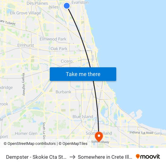 Dempster - Skokie Cta Station to Somewhere in Crete Illinois map
