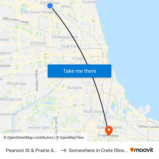 Pearson St & Prairie Ave to Somewhere in Crete Illinois map