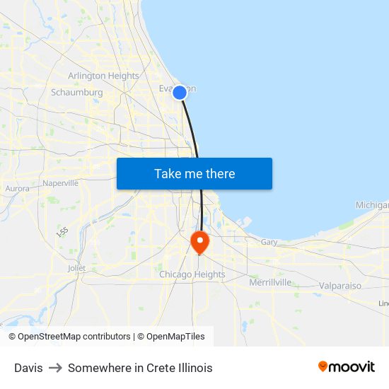Davis to Somewhere in Crete Illinois map