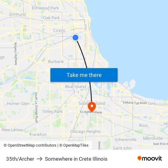 35th/Archer to Somewhere in Crete Illinois map