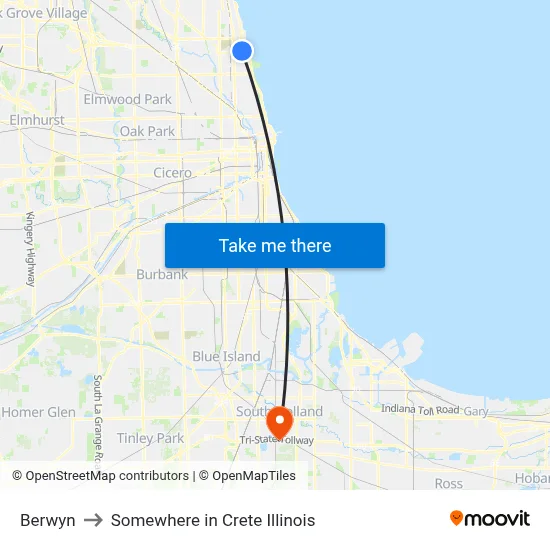 Berwyn to Somewhere in Crete Illinois map